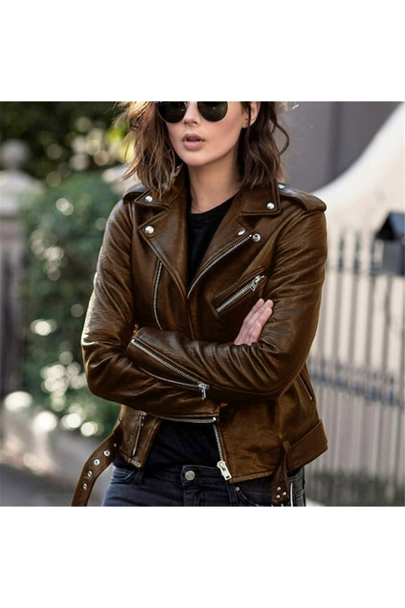 BYHONG Women Cool Leather Jacket Long Sleeve Zipper Fitted Coat Fall Short Jacket Womens Fall Jackets Brown L