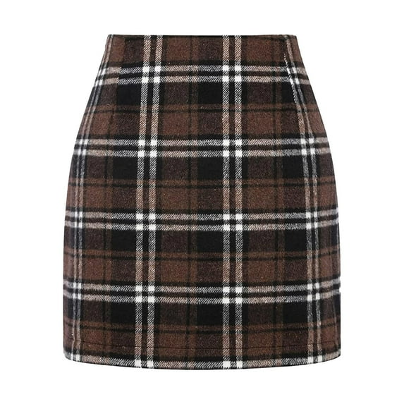 Bmisegm Women Elegant Lettuce Trim Solid High Waisted Pencil Midi Plaid Skirts for Women Coffee L