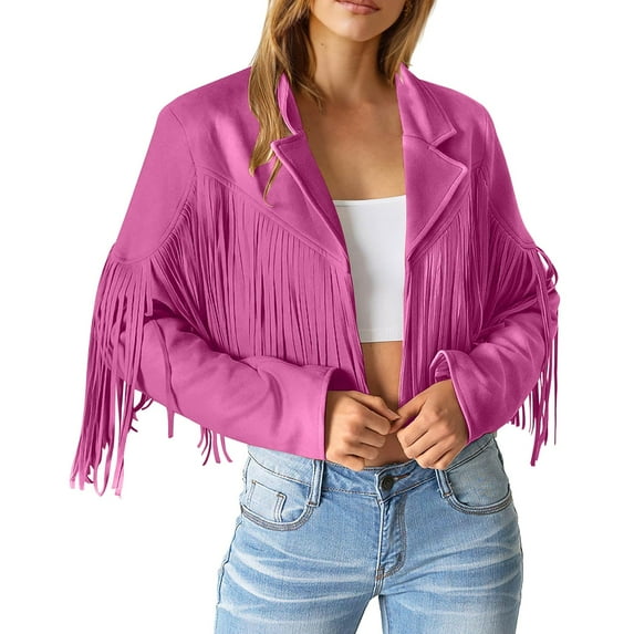Bmisegm Women Fashion Fringe Suede Leather Jackets Fashion Tassel Motorcycle Cropped Coats Women's Casual Jackets Hot Pink XL