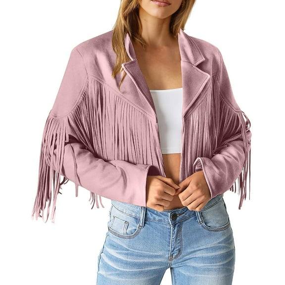 Bmisegm Women Fashion Fringe Suede Leather Jackets Fashion Tassel Motorcycle Cropped Coats Women's Casual Jackets Pink M