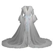 BYHONG Women Fashion Sexy Robe Long Nightgown Bathrobe Sleepwear Bridal Robe Lace Women s Underwear Grey One Size