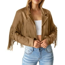 BYHONG Women Fringe Suede Leather Jackets Fashion Tassel Motorcycle Cropped Coats Women Jackets Brown L