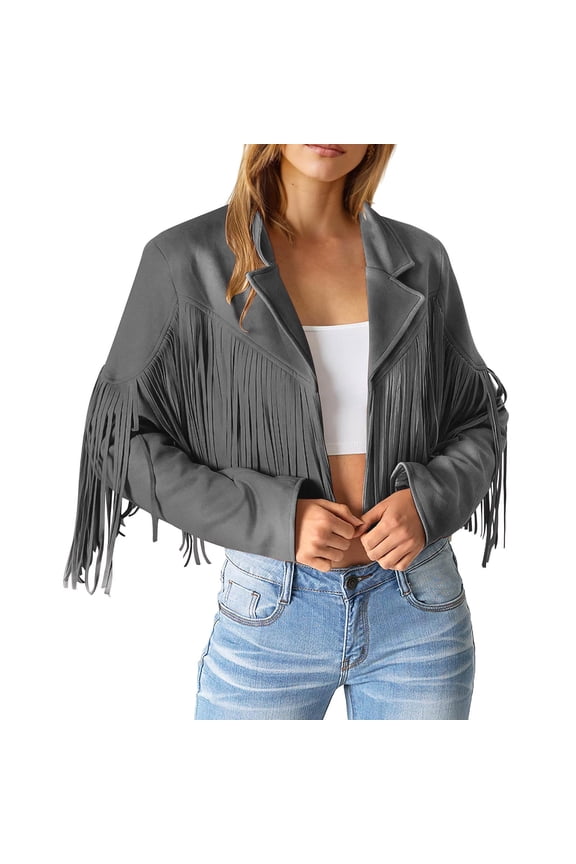 BYHONG Women Fringe Suede Leather Jackets Fashion Tassel Motorcycle Cropped Coats Women Jackets Grey XXL
