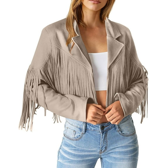 BYHONG Women Fringe Suede Leather Jackets Fashion Tassel Motorcycle Cropped Coats Women Jackets Khaki S