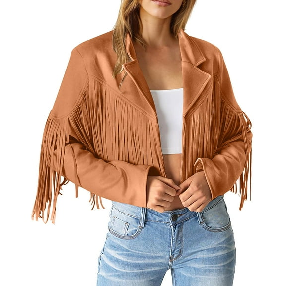BYHONG Women Fringe Suede Leather Jackets Fashion Tassel Motorcycle Cropped Coats Women Jackets Orange S