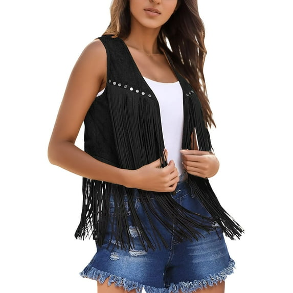 BYHONG Women Fringe Vest Suede Open Front Vintage Vest Sleeveless 70s Hippie Clothes Boho Western Jacket Womens Vest Black M