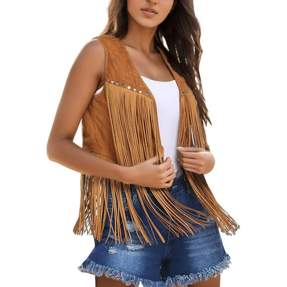 BYHONG Women Fringe Vest Suede Open Front Vintage Vest Sleeveless 70s Hippie Clothes Boho Western Jacket Womens Vest Yellow S