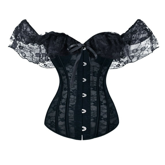 BYHONG Women Lace Up Vintage Boned Bustier Corset With Garters Lace Up Boned Overbust Corset Bustier Lingerie Bodyshaper Black XXL