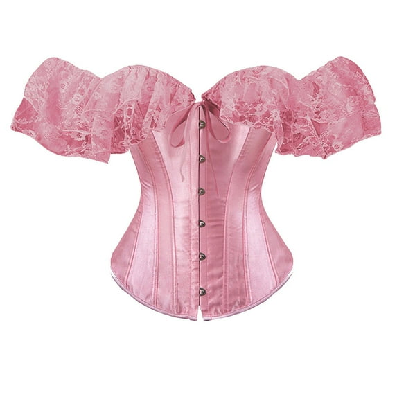 BYHONG Women Lace Up Vintage Boned Bustier Corset with Garters Lace Up Boned Overbust Corset Bustier Lingerie Bodyshaper Womens Corset Pink Corset Tops for Women XL