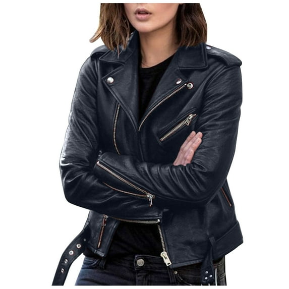 Bmisegm Women Plus Size Fashion Leather Jacket Long Sleeve Zipper Fitted Leather Coat Fall Short Jacket Slim Coat Women Jacket Navy XXL