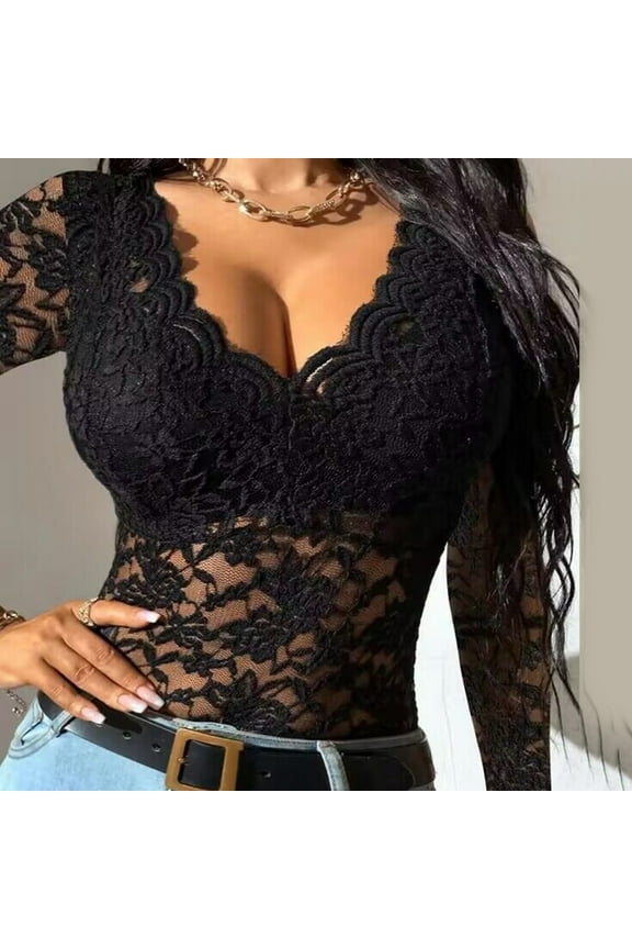 BYHONG Women Shirt Lace Shirt Casual Slim Fit Tops Embroidery Sheer Mesh Lace Long Sleeve Deep V Neck Temperament Trim Plunging Neck Lace Lingerie Top Vest Underwear Black XXL