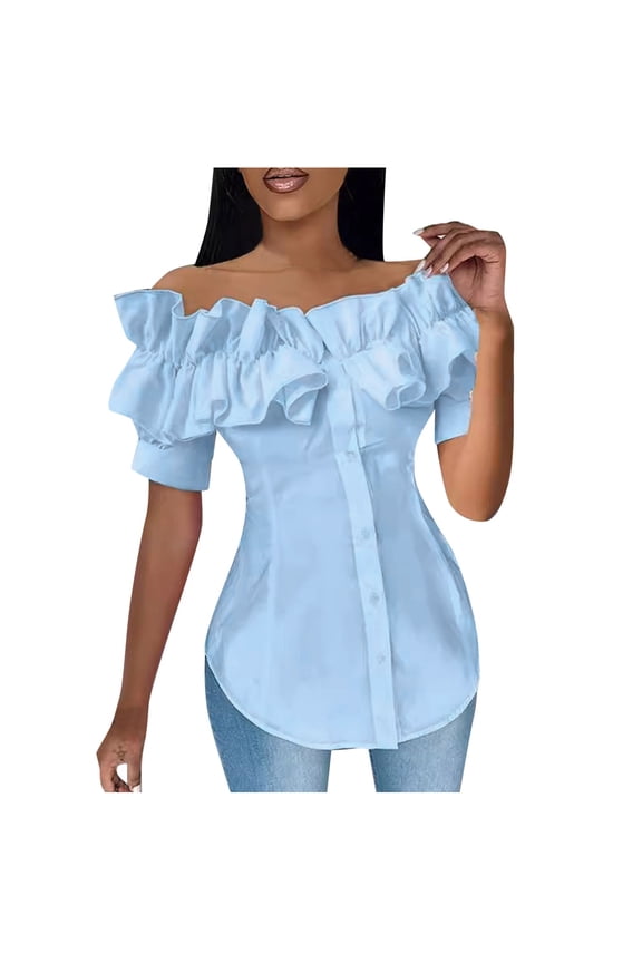 BYHONG Women Off Shoulder Layered Ruffles Button Down Asymmetrical Hem Top Women's Ruffle Trim Off Shoulder Short Sleeve Blouse Party Tops Shirt Blue L