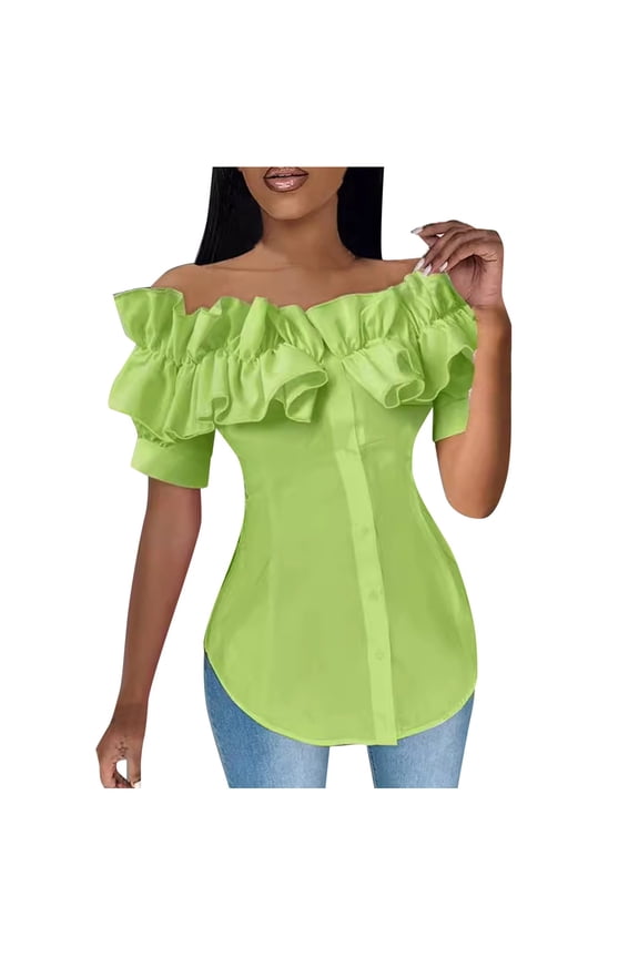 BYHONG Women Off Shoulder Layered Ruffles Button Down Asymmetrical Hem Top Women's Ruffle Trim Off Shoulder Short Sleeve Blouse Party Tops Shirt Green L