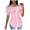 thumbnail image 1 of BYHONG Women Off Shoulder Layered Ruffles Button Down Asymmetrical Hem Top Women's Ruffle Trim Off Shoulder Short Sleeve Blouse Party Tops Shirt Pink L, 1 of 8