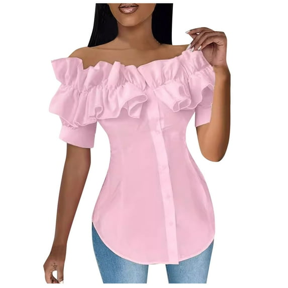 BYHONG Women Off Shoulder Layered Ruffles Button Down Asymmetrical Hem Top Women's Ruffle Trim Off Shoulder Short Sleeve Blouse Party Tops Shirt Pink L