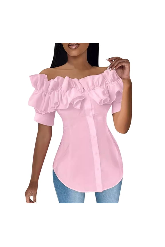 BYHONG Women Off Shoulder Layered Ruffles Button Down Asymmetrical Hem Top Women's Ruffle Trim Off Shoulder Short Sleeve Blouse Party Tops Shirt Pink XXL