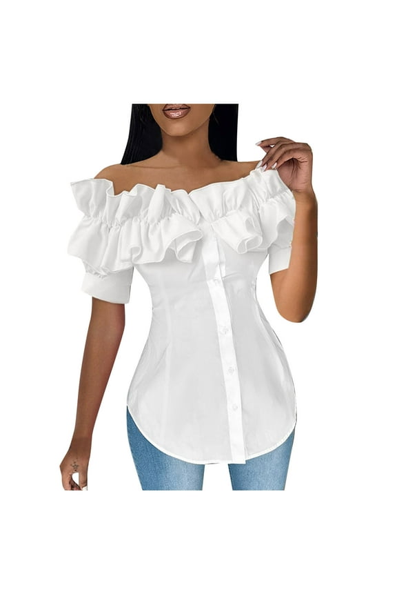 BYHONG Women Off Shoulder Layered Ruffles Button Down Asymmetrical Hem Top Women's Ruffle Trim Off Shoulder Short Sleeve Blouse Party Tops Shirt White XL