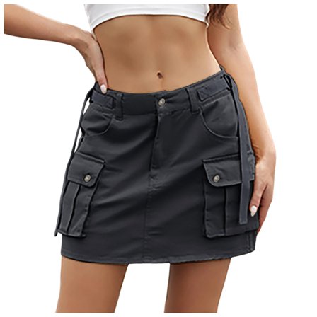 BYHONG Women Soild Mini Cargo Skirt Low Waist Short Denim Jean Skirt Black L