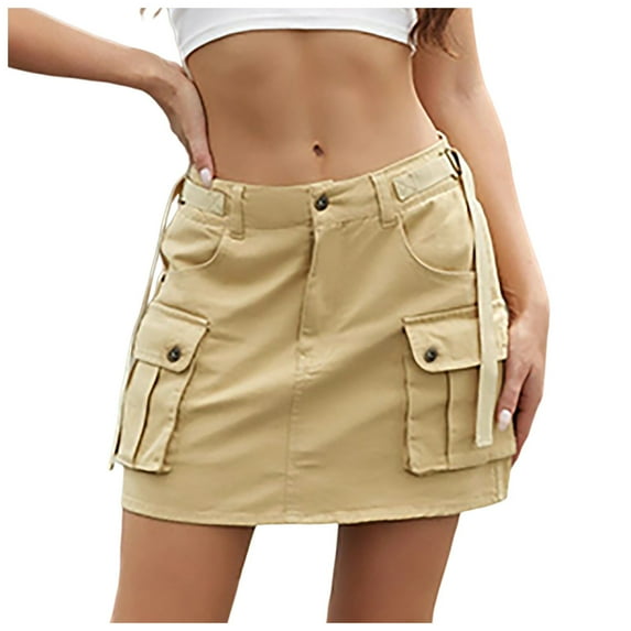BYHONG Women Soild Mini Cargo Skirt Low Waist Short Denim Jean Skirt Khaki S