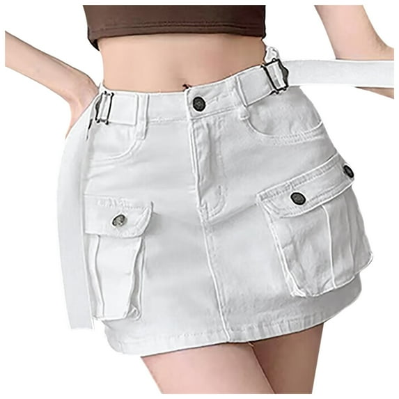 BYHONG Women Soild Mini Cargo Skirt Low Waist Short Denim Jean Skirt White XL