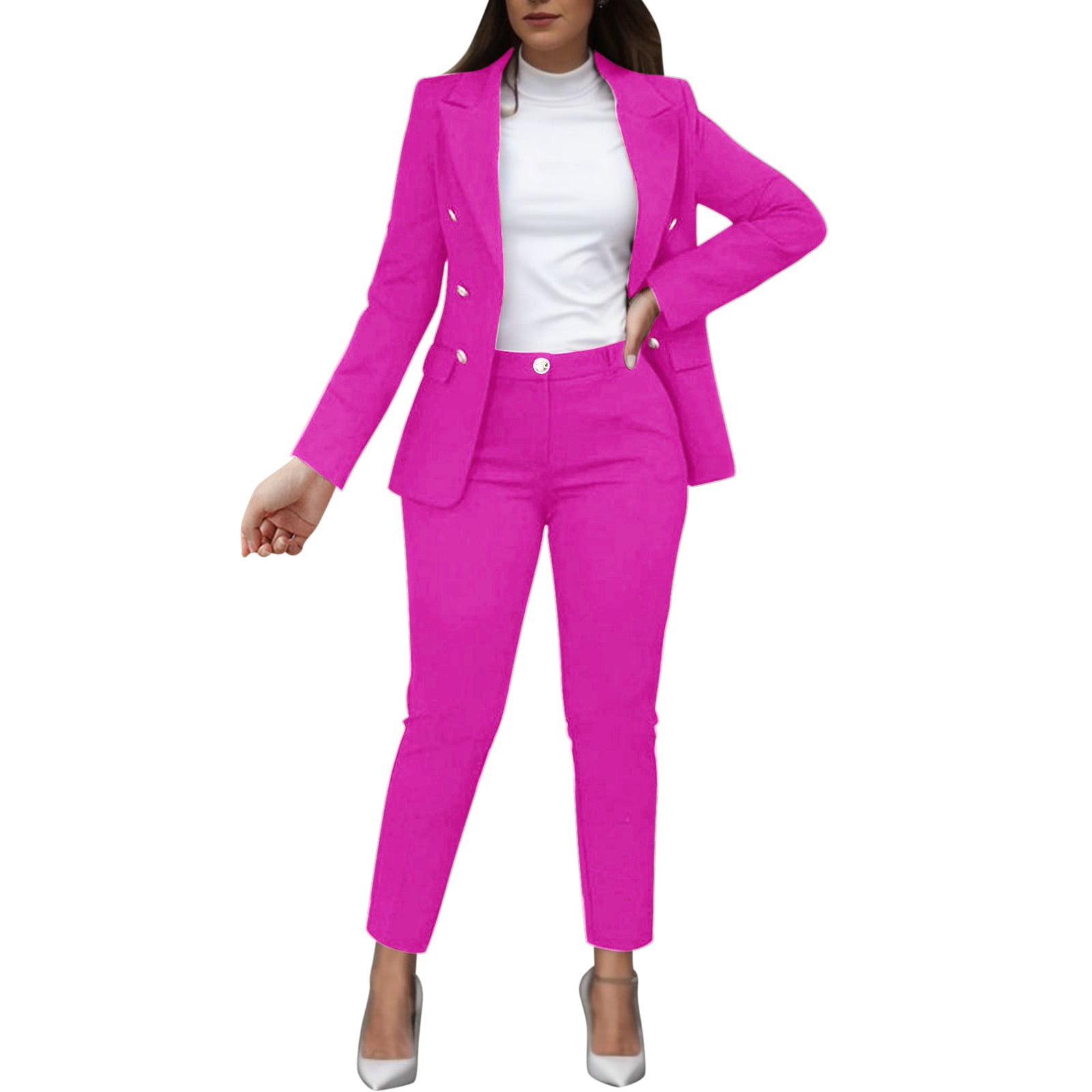sexy pant suit Bmisegm Women Solid Long Sleeved Suit Pockets Trousers Pants Suit Elegant Suit Pants Sets Hot Pink S, Women's, Size: Small