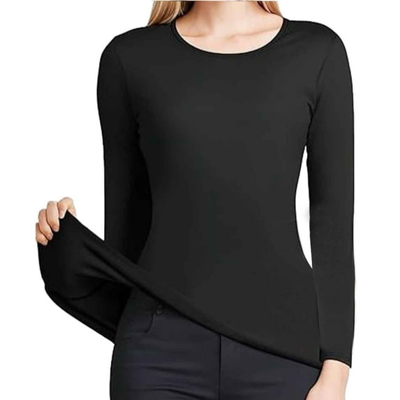Bmisegm Women Solid Thermal Top Long Sleeve Round Neck Pullover T Shirt Base Top Warm Clothing Women Black L