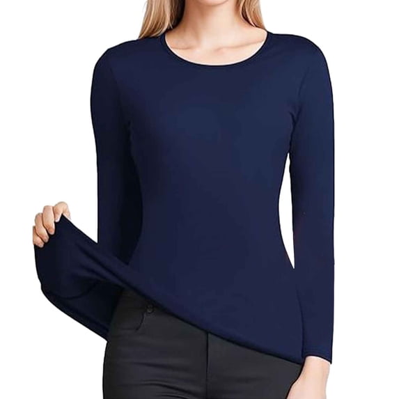 Bmisegm Women Solid Thermal Top Long Sleeve Round Neck Pullover T Shirt Base Top Warm Clothing Women Navy XL