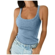 Bmisegm Women Spaghetti Strap Scoop Neck Ribbed Tank Tops Slim Fitted Cotton Camisole Basic Sleeveless Layering Shirts Vest for Women Light Blue M