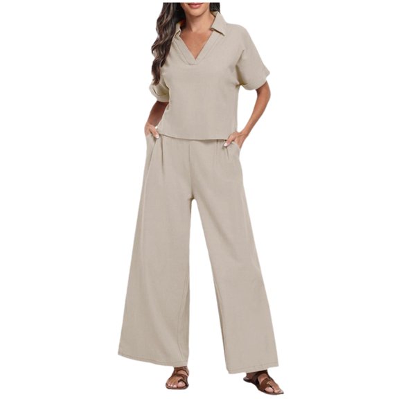 BYHONG Women Summer Pant Suits V Neck Loose Short Sleeve Blouses Casual 12 Piece Set Womens Pant Suits With Pockets Khaki S