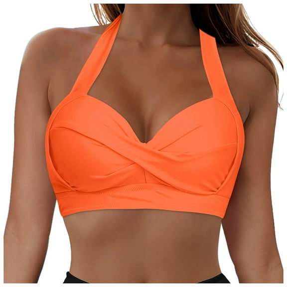 BYHONG Women Swimwear Tops Underwire Full Coverage Bikini Top Push up Swim Crop Top Tie Back Bathing Suit Tops Orange L