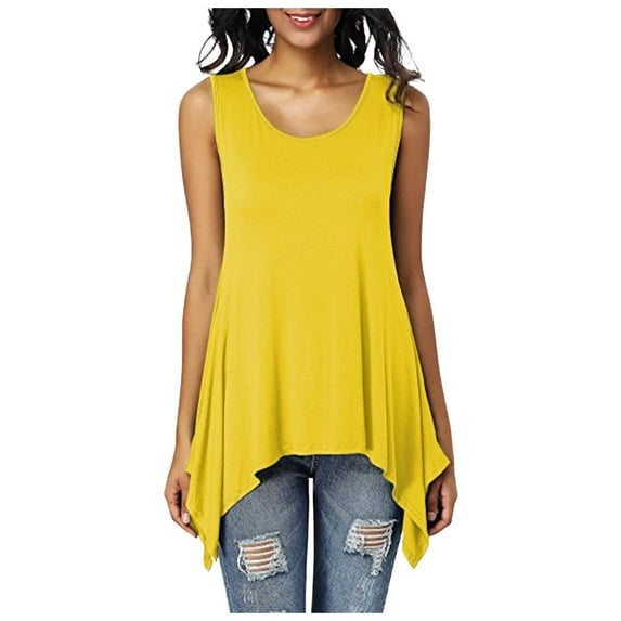 BYHONG Women T Shirts Tops Blouses Tops Tunic Long Shirt Long Basic Backless Sleeveless Asimetric Cotton Summer Everyday Casual Loose Womens Vest Yellow XXL