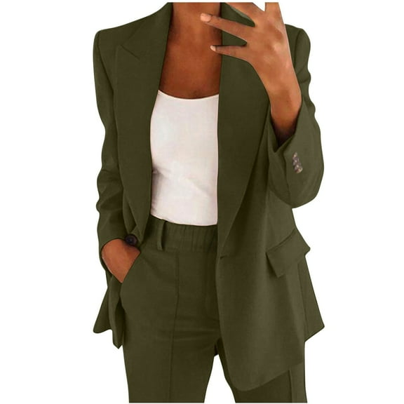 Bmisegm Women Two Piece Lapels Suit Set Office Business Long Sleeve Button Formal Jacket Pant Suit Slim LooseTrouser Jacket Suit Matching Sets Women Clothing AG S
