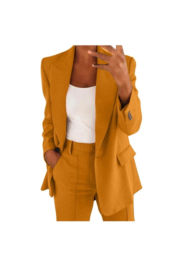 Women Two Piece Lapels Suit Set Office Business Long Sleeve Button Formal Jacket Pant Suit Slim LooseTrouser Jacket Suit Matching Sets Women Clothing Orange L