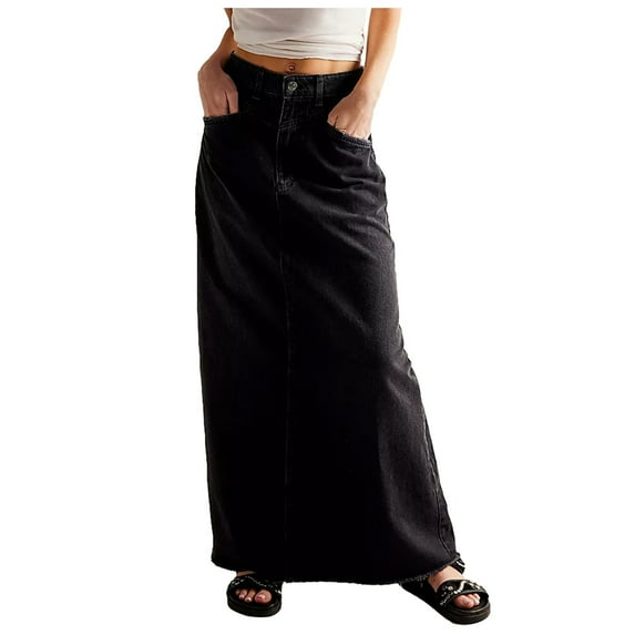 Bmisegm Women Vintage Denim Maxi Skirt Hem High Waist A Line Long Jean Skirt Womens Skirts Black S