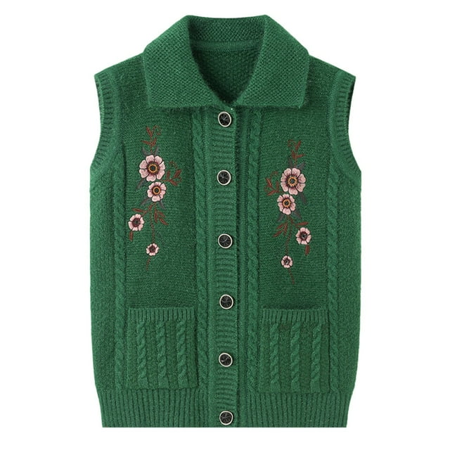 BYHONG Women Vintage Floral Embroidery Cable Knit Sleeveless Cardigan