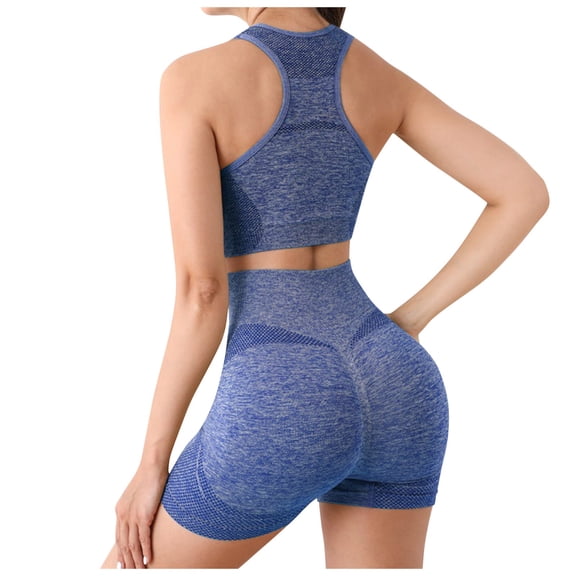 BYHONG Women Yoga Shorts Set Women Yoga 2Pcs Set Sporstwear Seamless Bra Tops Suits with Shorts Gym Tracksuit High Waist Ankle Leggings Blue Blue