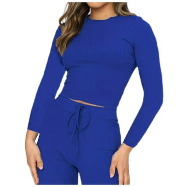 BYHONG Women's 2 Piece Outfits Casual Long Sleeve Pullover Tops and Wide Leg Pants Knitted Sets Blue XXL