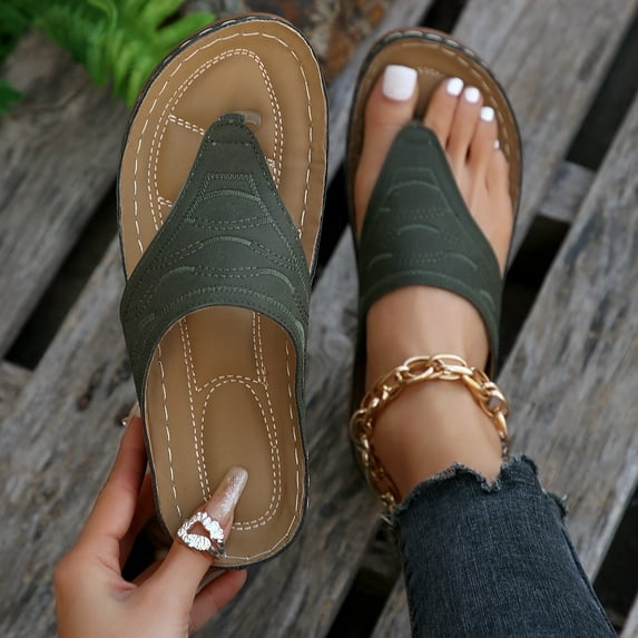 BYHONG Women's Bohemian Wedge Sandals - Thick Sole One Foot Thong Sandals for Women, Fashionable & Comfortable Army Green 7.5