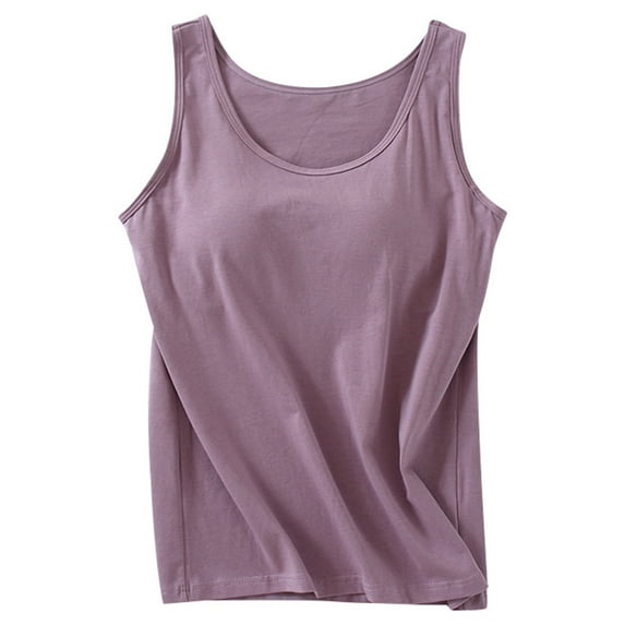 BYHONG Women's Built-In Bra Tank Top Summer Sleeveless Camisole Plus Size Padded Workout Womens Blouses Casual Crew Neck Top Purple L
