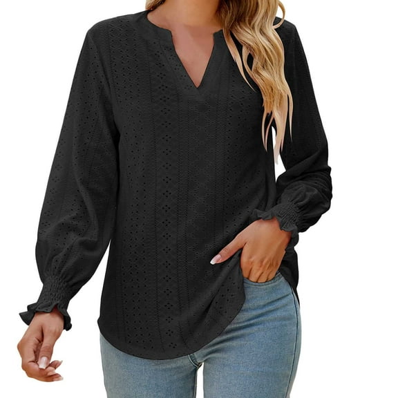 BYHONG Women's Cardigans Fashion Long Sleeve Hollow Ruffle Sleeve T Shirt Eyelet Dressy Casual V Neck Tops Blouse Black XXL