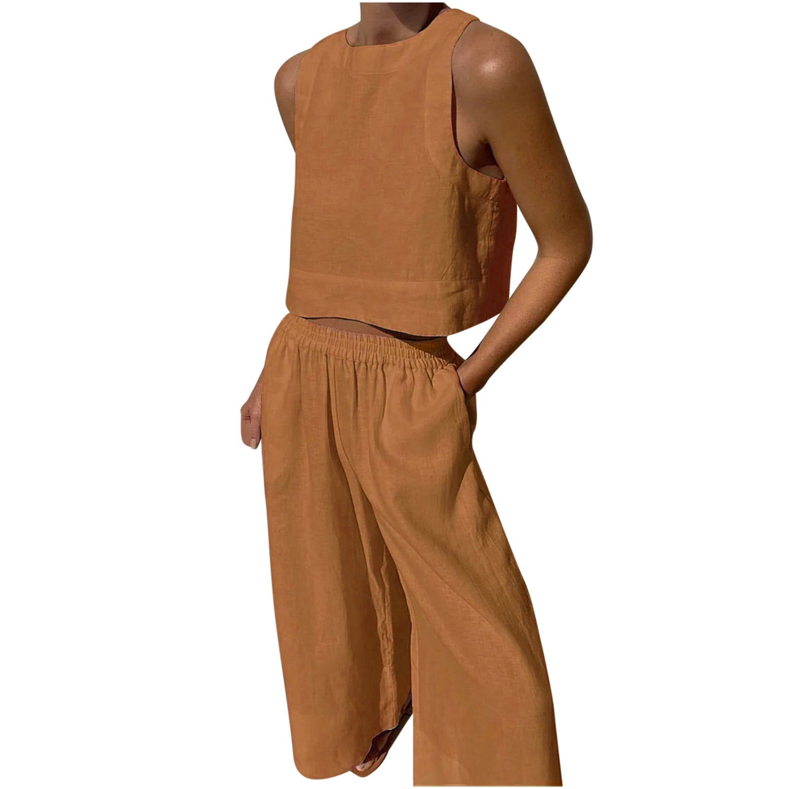 BYHONG Women's Casual Large Suit Loose Solid Sleeveless Shirt and Pants