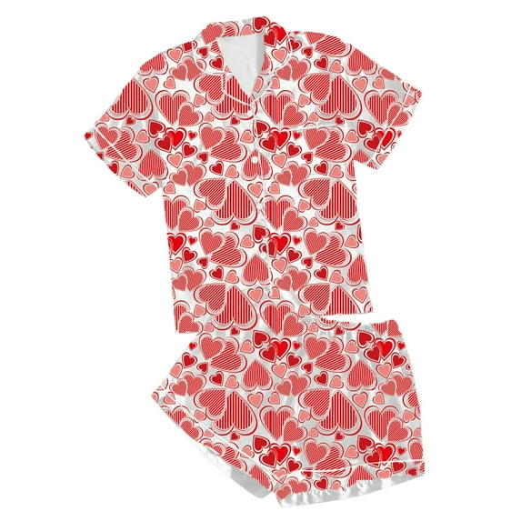 BYHONG Women's Casual Printed Pyjama Set Silk Satin Short Sleeve Button Down Top and Shorts Set Women Pajama Sets White XXL