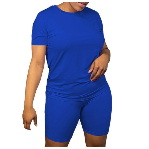 Bmisegm Women's Casual Prints Button Mid Sleeve Shirt Top High Waist Loose Pocket Pant Two Piece Top And Bottom Set 2 Piece Sets Women Outfit Blue XL