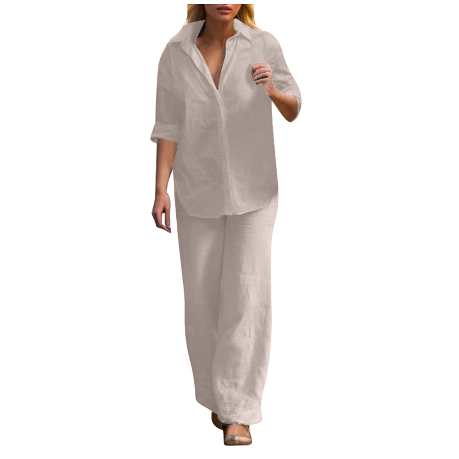 BYHONG Women's Casual Pure Color Wide Leg Pant Suit 2 Piece Long Pants Outfit Border Fashion Set Trousers Sets Beige M