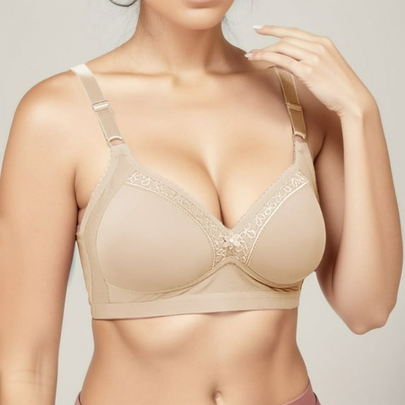 BYHONG Women's Comfortable New Middle and Old Age Large Sized No Steel Ring Gathering Large Cup Thin Cotton Bra Bars for Women Beige 36