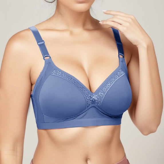 BYHONG Women's Comfortable New Middle and Old Age Large Sized No Steel Ring Gathering Large Cup Thin Cotton Bra Bars for Women Blue 36