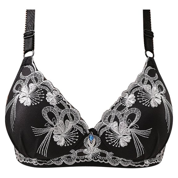 BYHONG Women's Diamond Embroidered Floral Plus Size Push up Side Nipple Adjuster Bra Cover Without Underwire Underwire Bras for Women Soft Everyday Bra Black 38