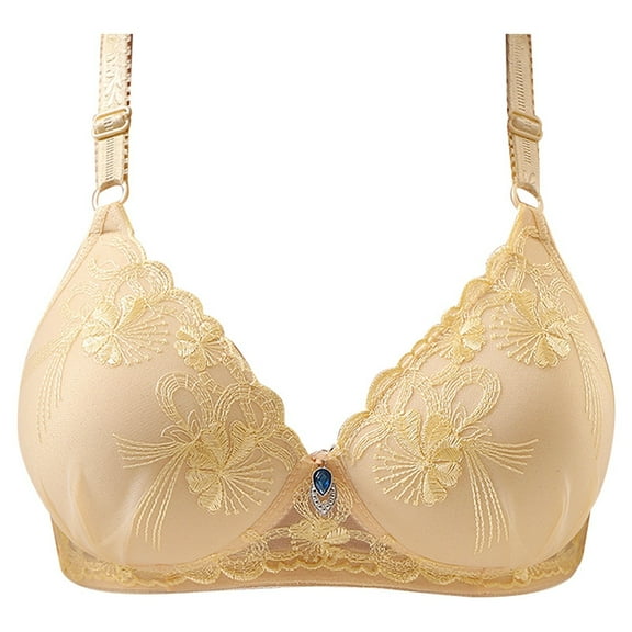BYHONG Women's Diamond Embroidered Floral Plus Size Push up Side Nipple Adjuster Bra Cover Without Underwire Underwire Bras for Women Soft Everyday Bra Light Yellow 36