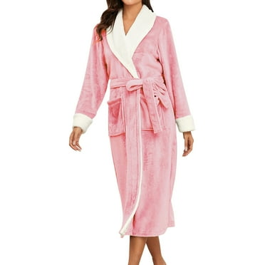 BYHONG Women's Fall/winter V Neck Solid Color Flannel Long Nightgown Women's Robes Pink S