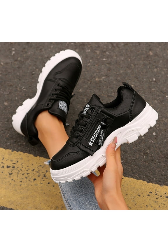 BYHONG Women's Fashion Leather Lace up Low Top Sneakers Casual Comfortable Shoes Casual Shoes for Women Black 6.5